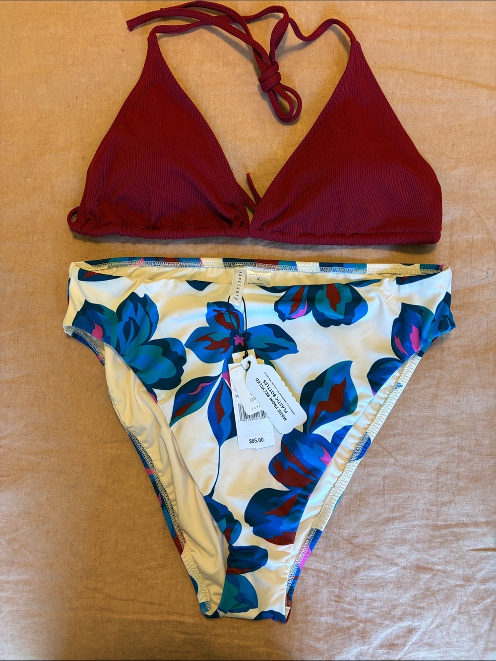 NWT Sanctuary Cream Floral High-Waist Bottom Ribbed Zuvebamyo Triangle Top
